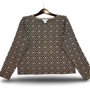 Halston Geometric Knit Sweater Black Beige Long Sleeve Sz. L